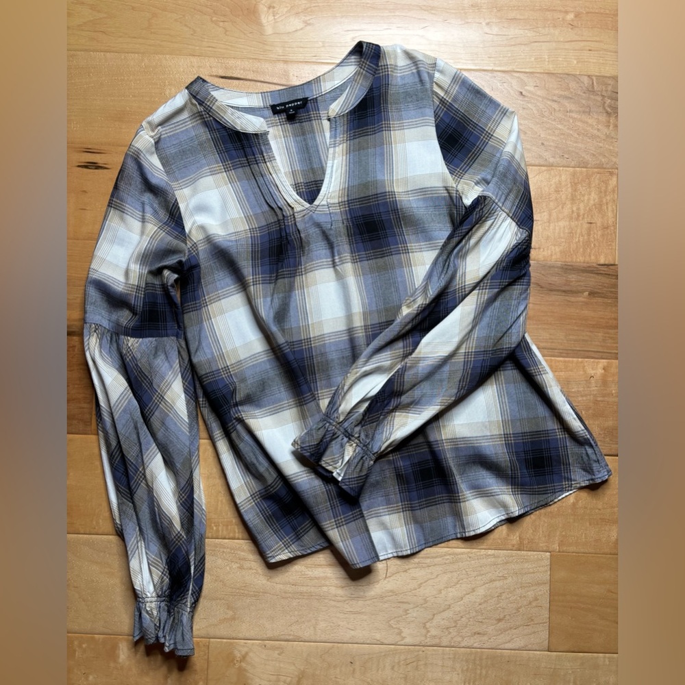 blu pepper Women Plaid Long Sleeve Top S Lantern Sleeve Gray Multicolor Rayon